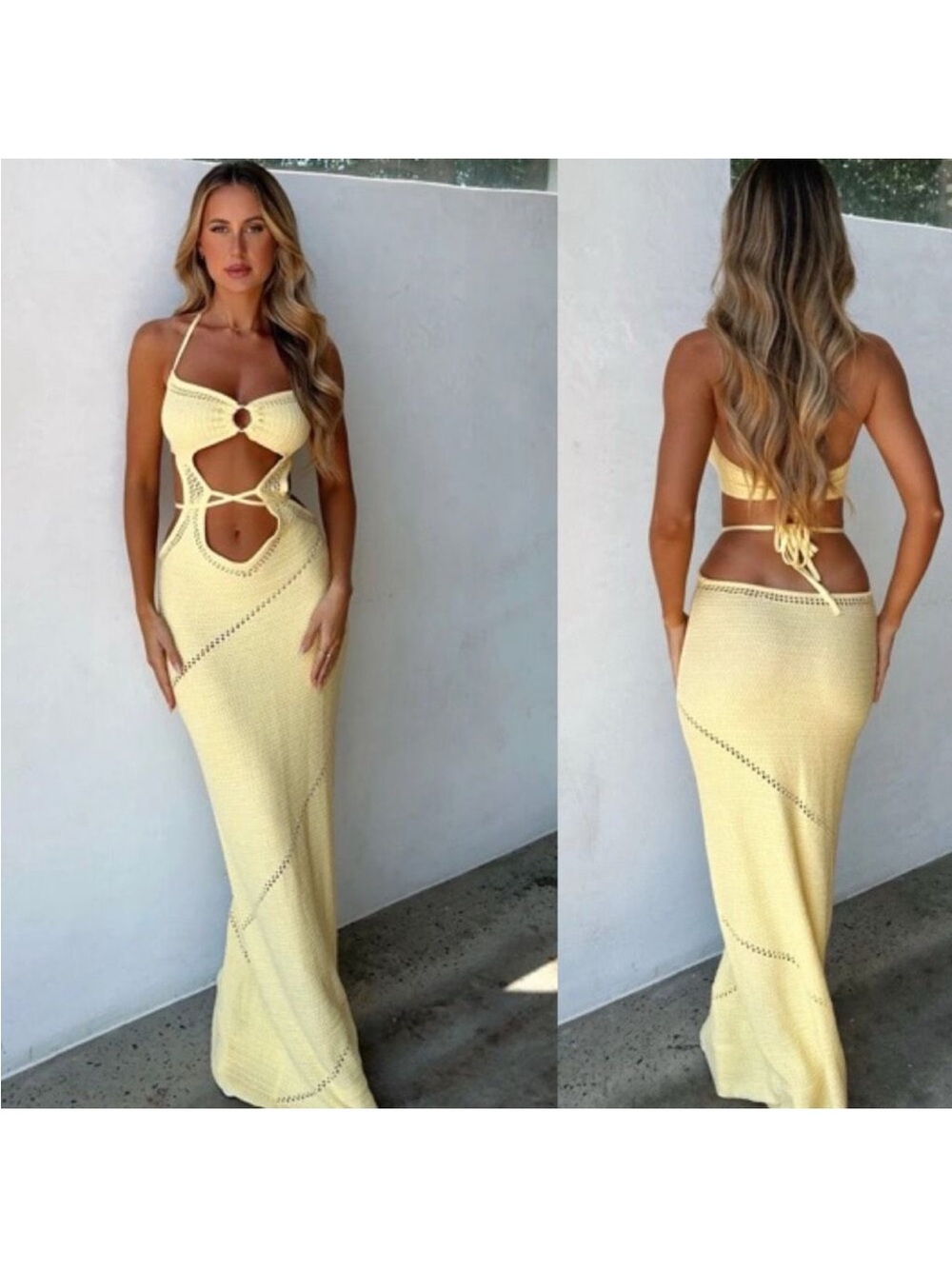Outcast Quanah Maxi Dress Yellow Crochet Cutout Halter Open Back Size S
